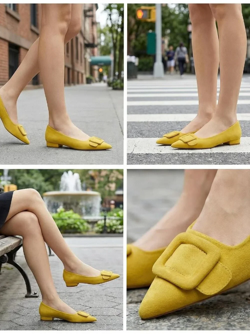 Women's Yellow Rubber Pointed Toe Square Buckle Flats Slip On Comfortable Shoes